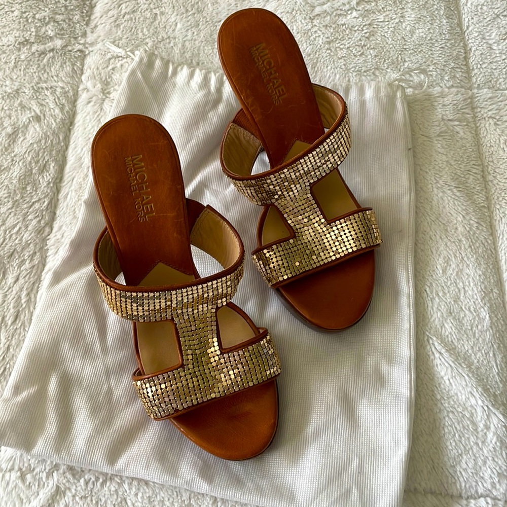 Michael Kors brown leather with gold  heels  size 7